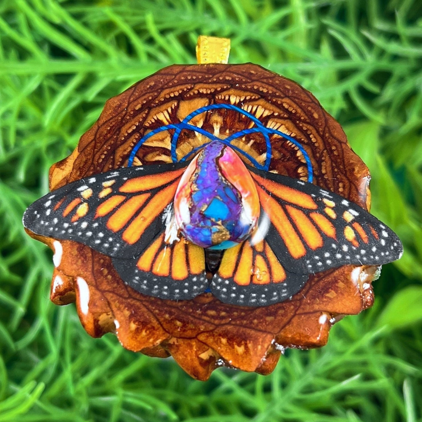 Spiny Oyster Turquoise with Butterfly & Seed of Life - Pinecone Necklace - Aura Pinecones