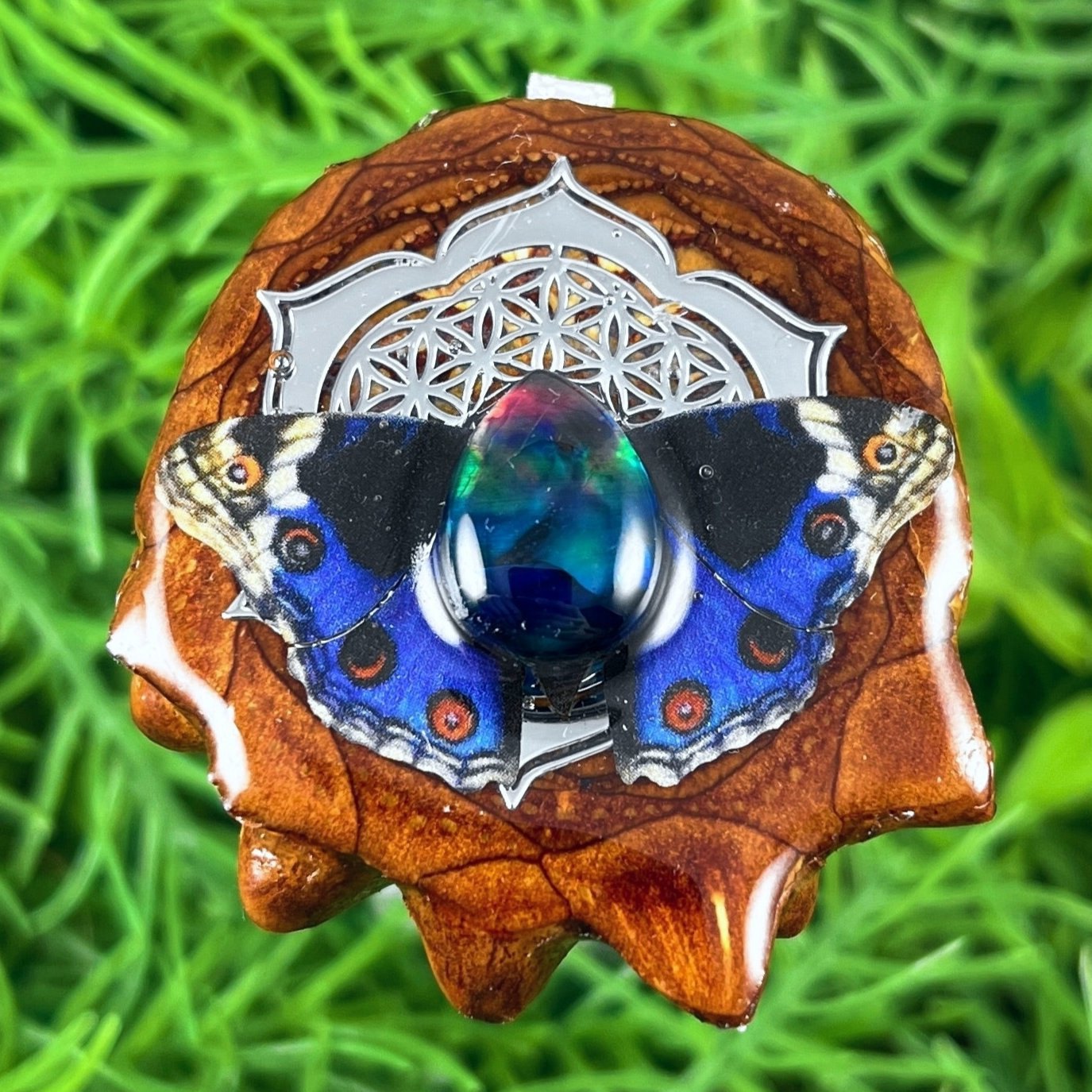 Multi Ammolite with Butterfly & Mandala - Pinecone Necklace - Aura Pinecones