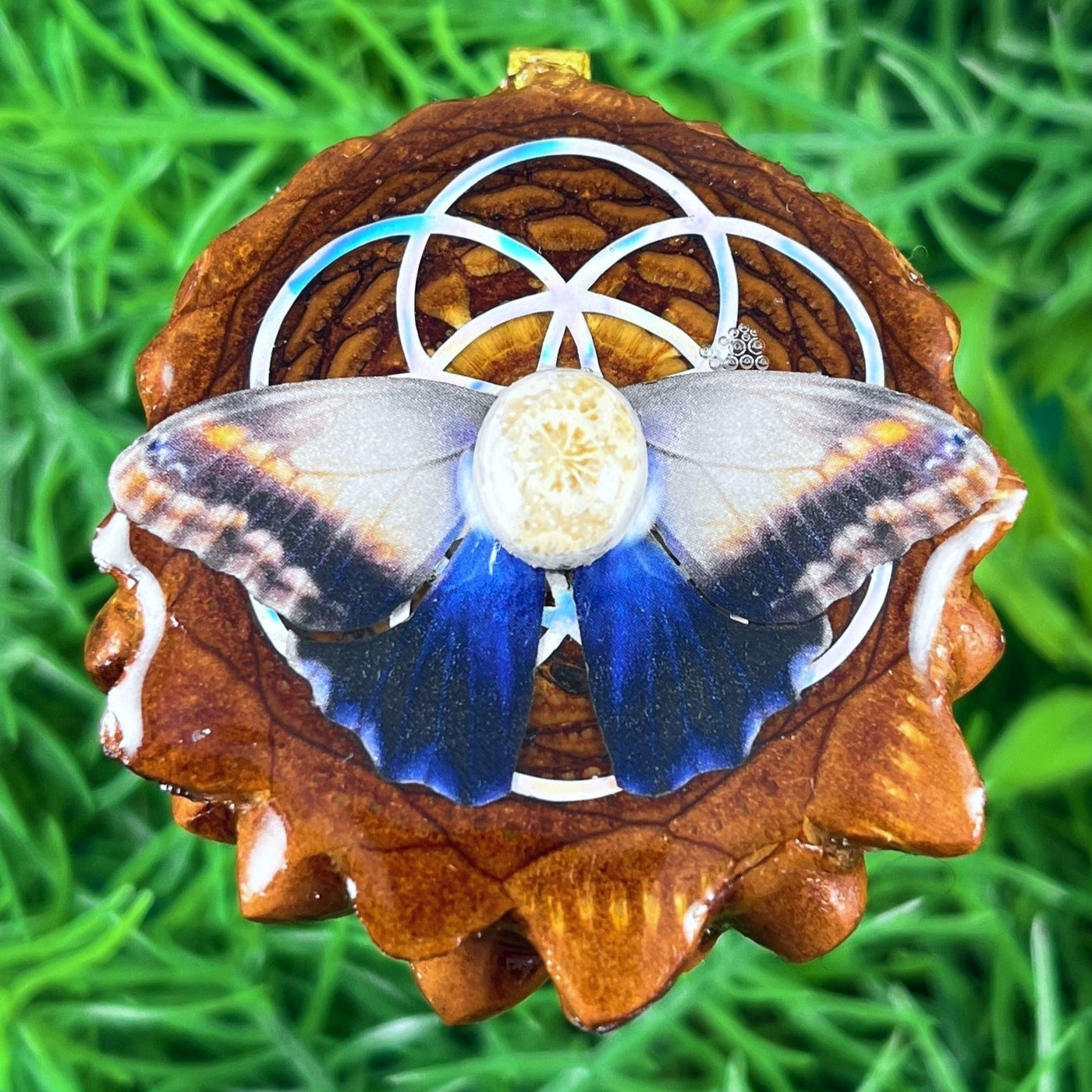 Petoskey with Butterfly & Seed of Life - Pinecone Necklace - Aura Pinecones