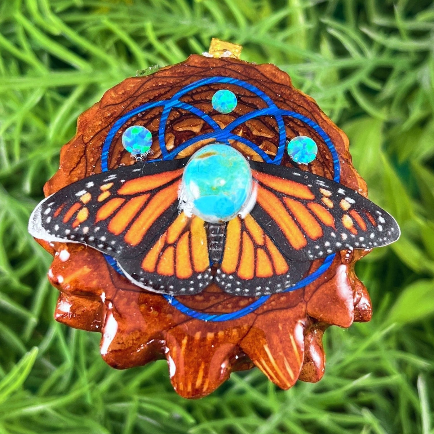 Blue Copper Turquoise & Opal with Butterfly & Seed of Life - Pinecone Necklace - Aura Pinecones