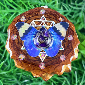 Amethyst & Crushed Opal with Butterfly & 64 Star Tetrahedron - Pinecone Necklace - Aura Pinecones