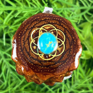 Blue Copper Turquoise with Seed of Life - Pinecone Necklace - Aura Pinecones