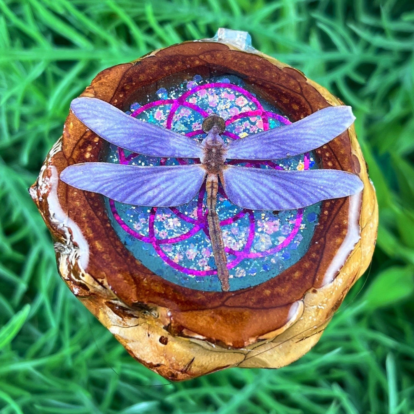 Night Sky with Dragonfly & Seed of Life - Pinecone Necklace - Aura Pinecones