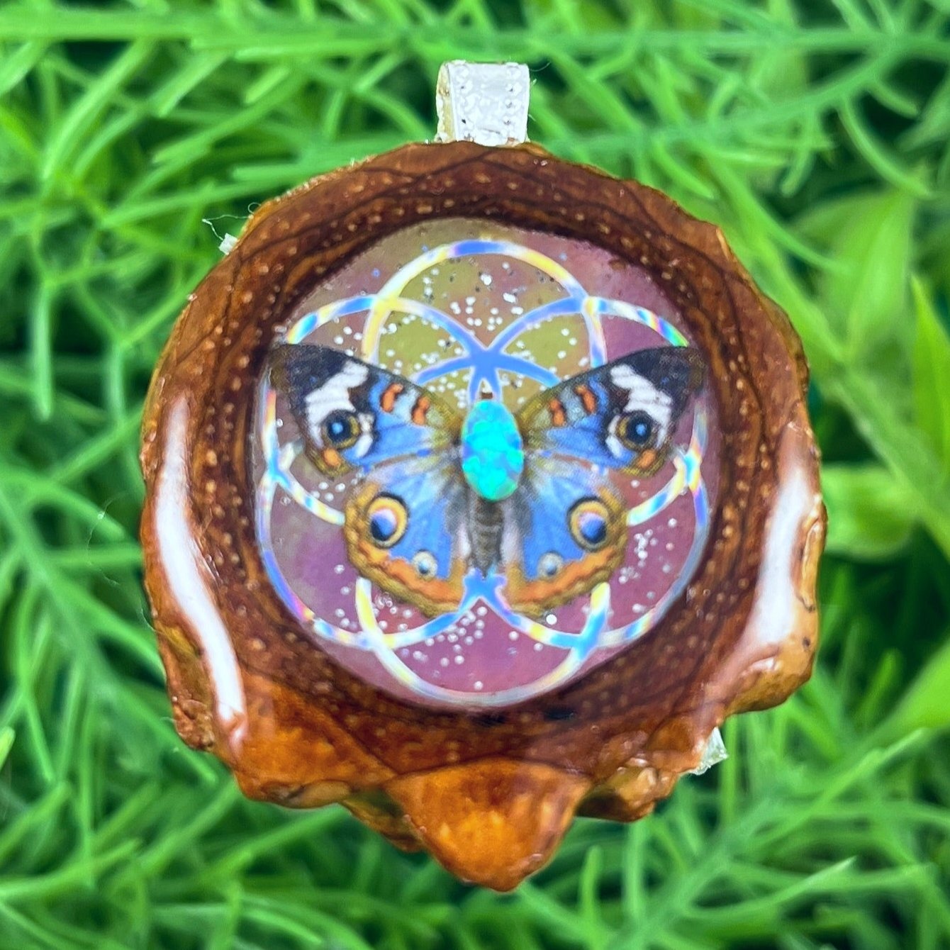 Galaxy with Butterfly & Seed of Life - Pinecone Necklace - Aura Pinecones