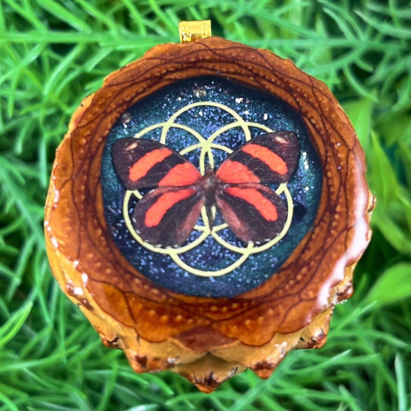 Galaxy with Butterfly & Seed of Life - Pinecone Necklace - Aura Pinecones