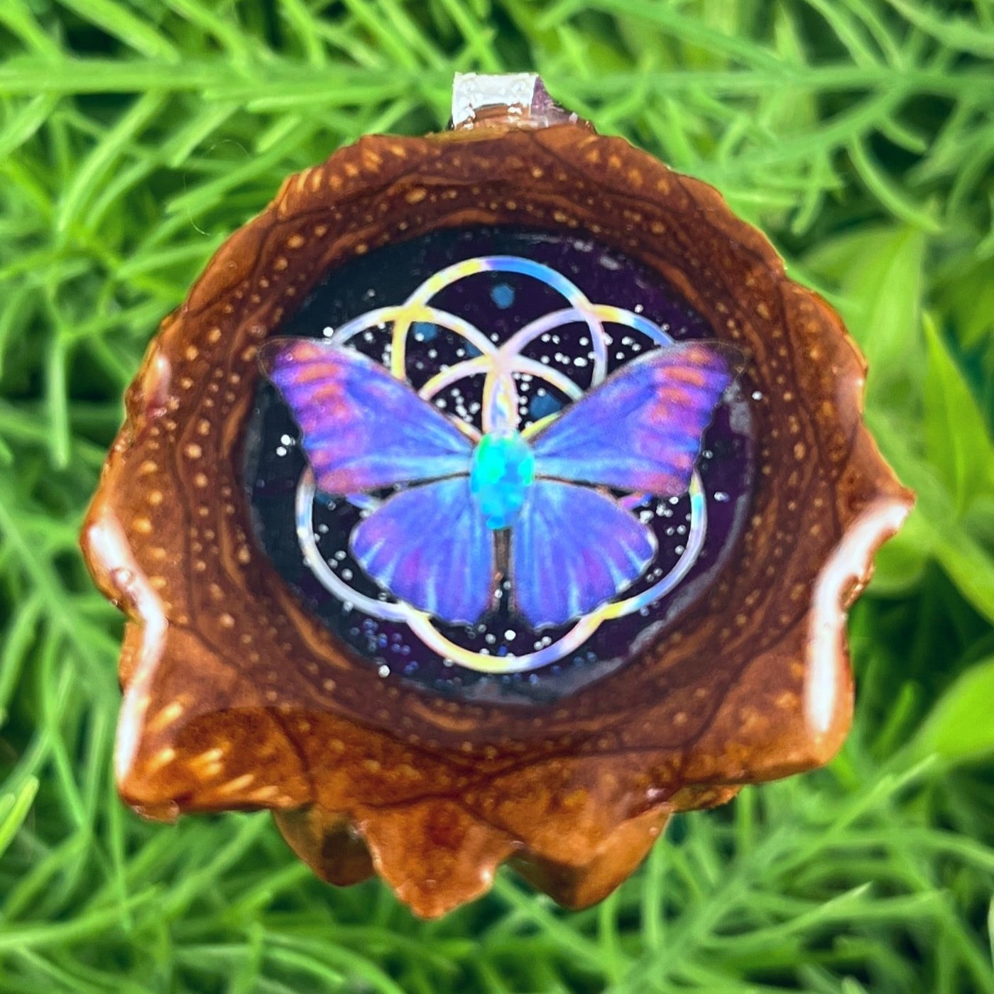 Night Sky with Opal & Butterfly with Seed of Life - Pinecone Necklace - Aura Pinecones