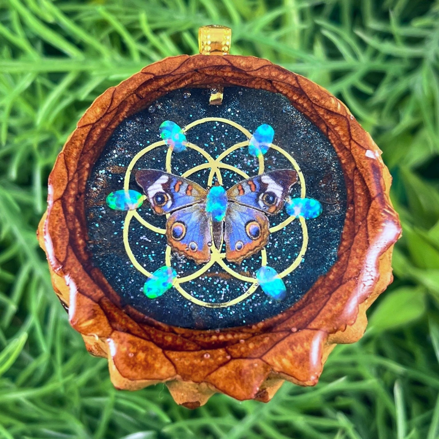 Night Sky with Opal & Butterfly with Seed of Life - Pinecone Necklace - Aura Pinecones