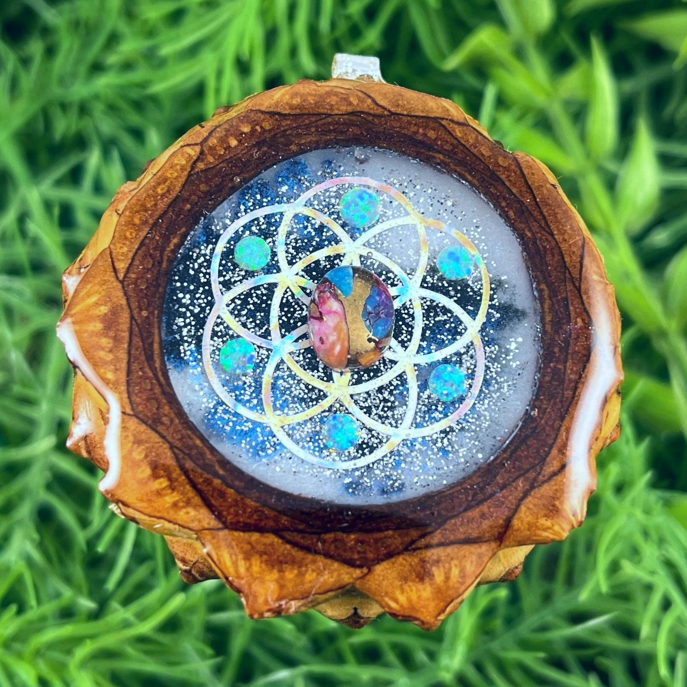 Galaxy with Spiny Oyster Turquoise & Opal with Seed of Life