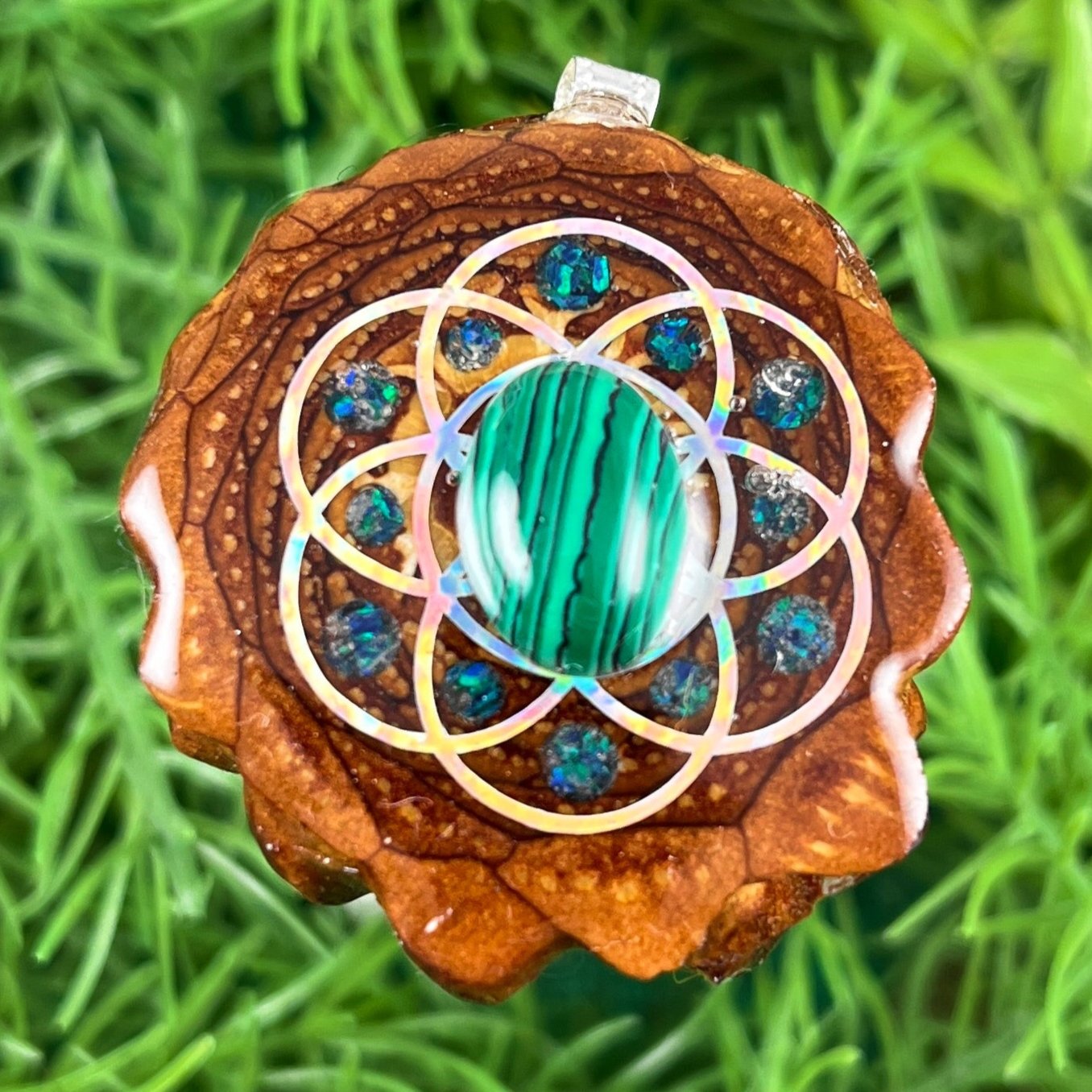 Malachite & Crushed Opal with Seed of Life