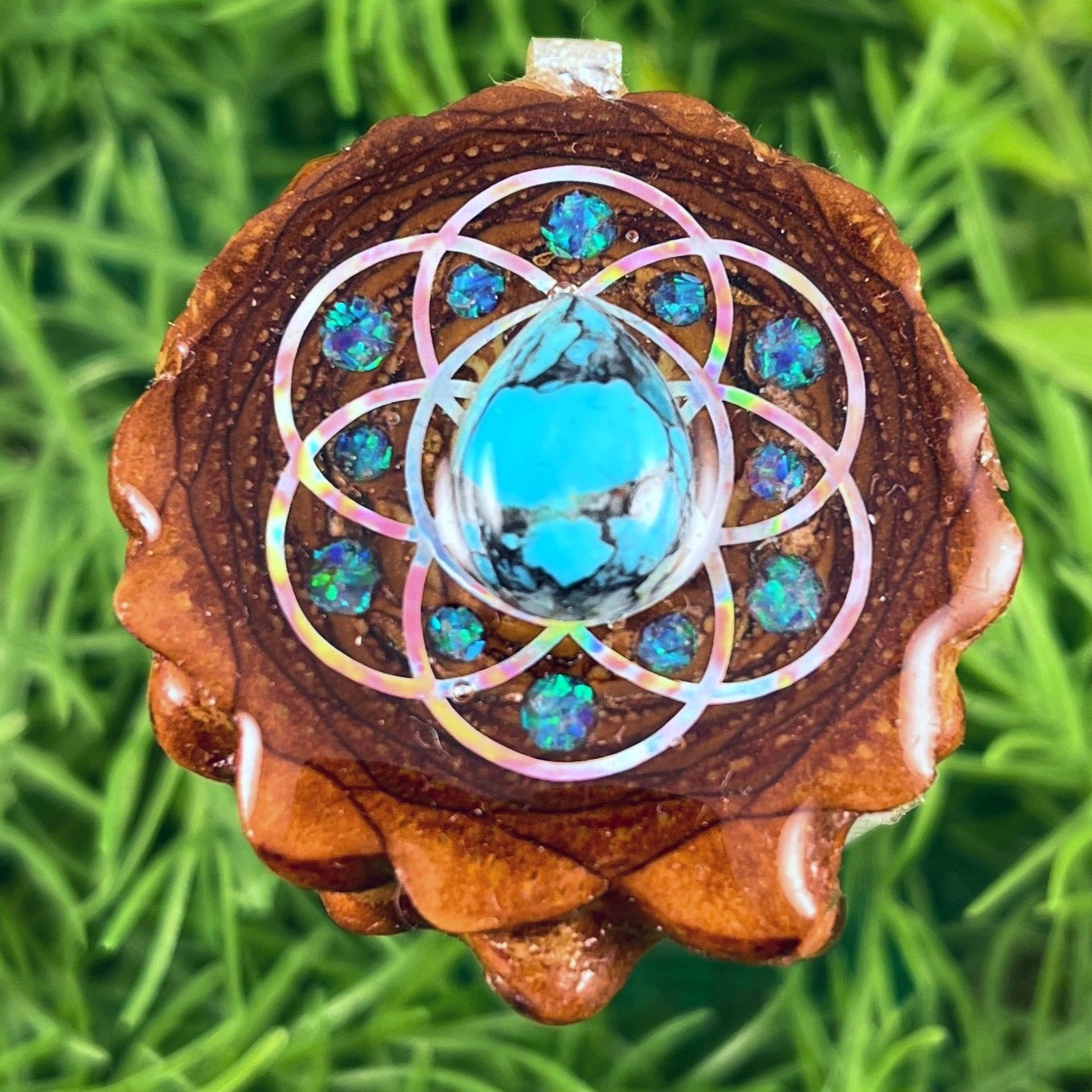 Blue Copper Turquoise & Crushed Opal with Seed of Life