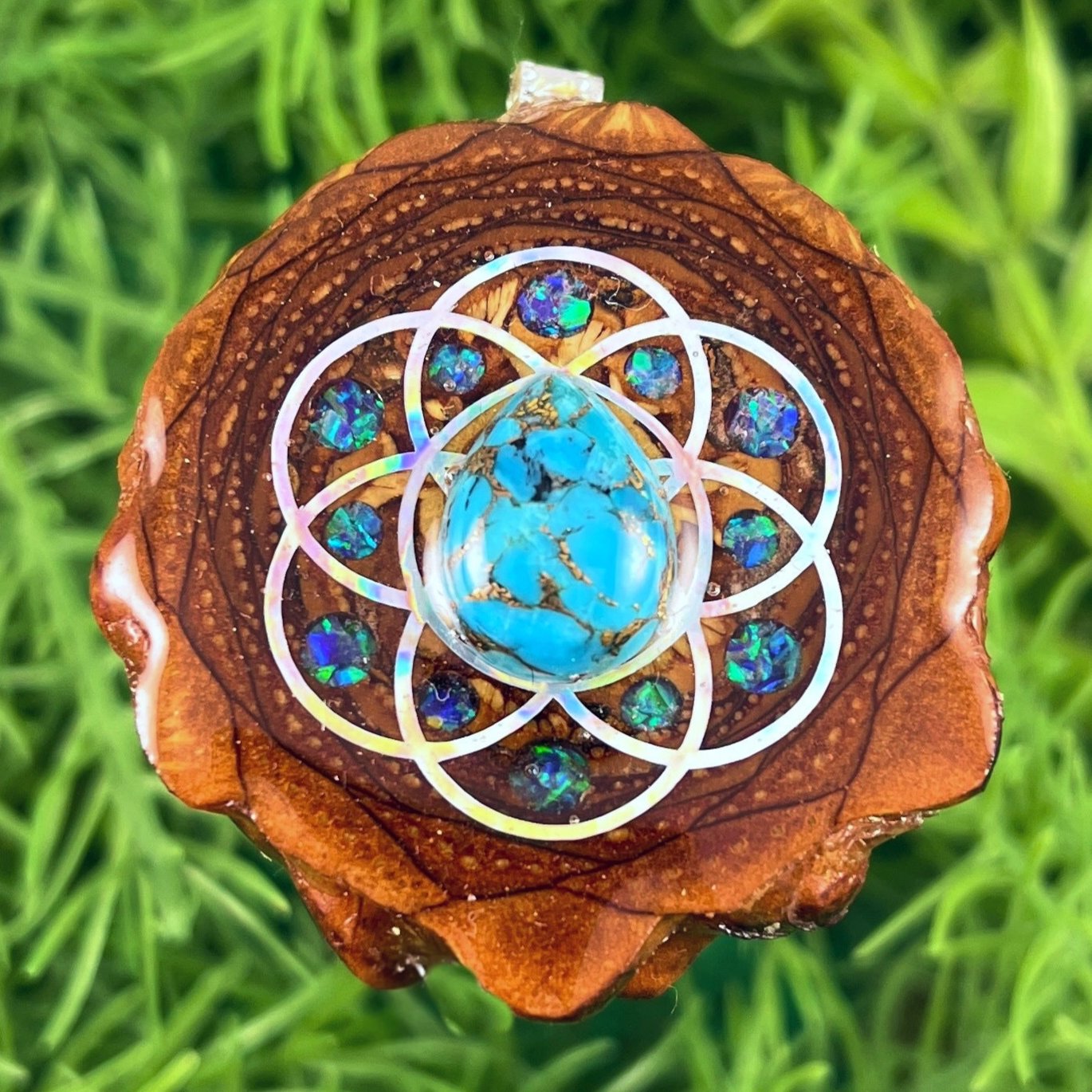 Blue Copper Turquoise & Crushed Opal with Seed of Life