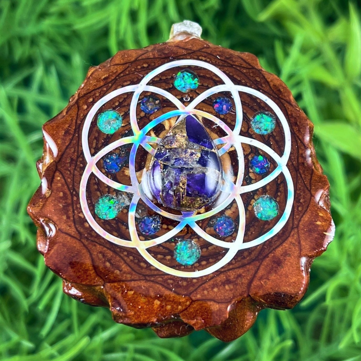 Purple Mohave Turquoise & Crushed Opal with Seed of Life