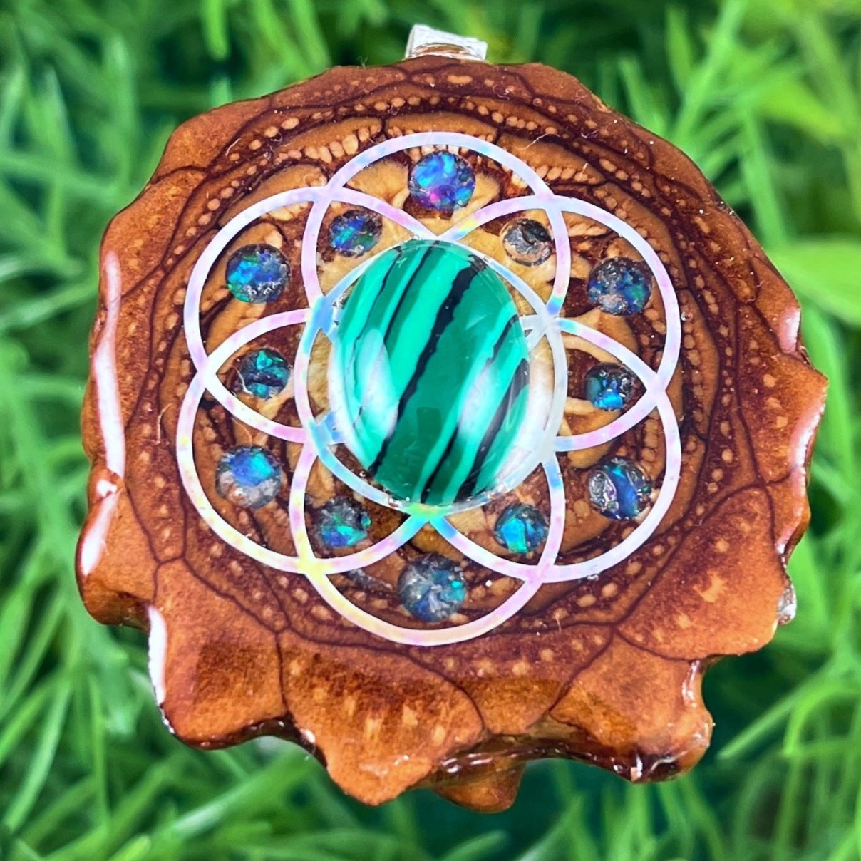 Malachite & Crushed Opal with Seed of Life