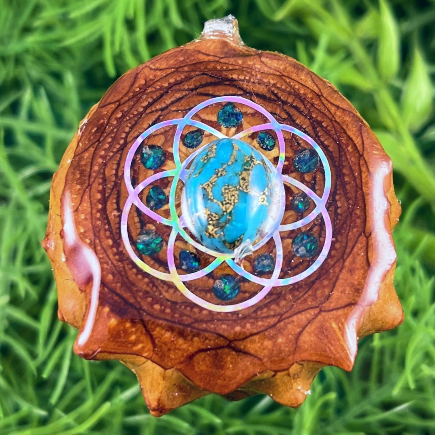Blue Copper Turquoise & Crushed Opal with Seed of Life
