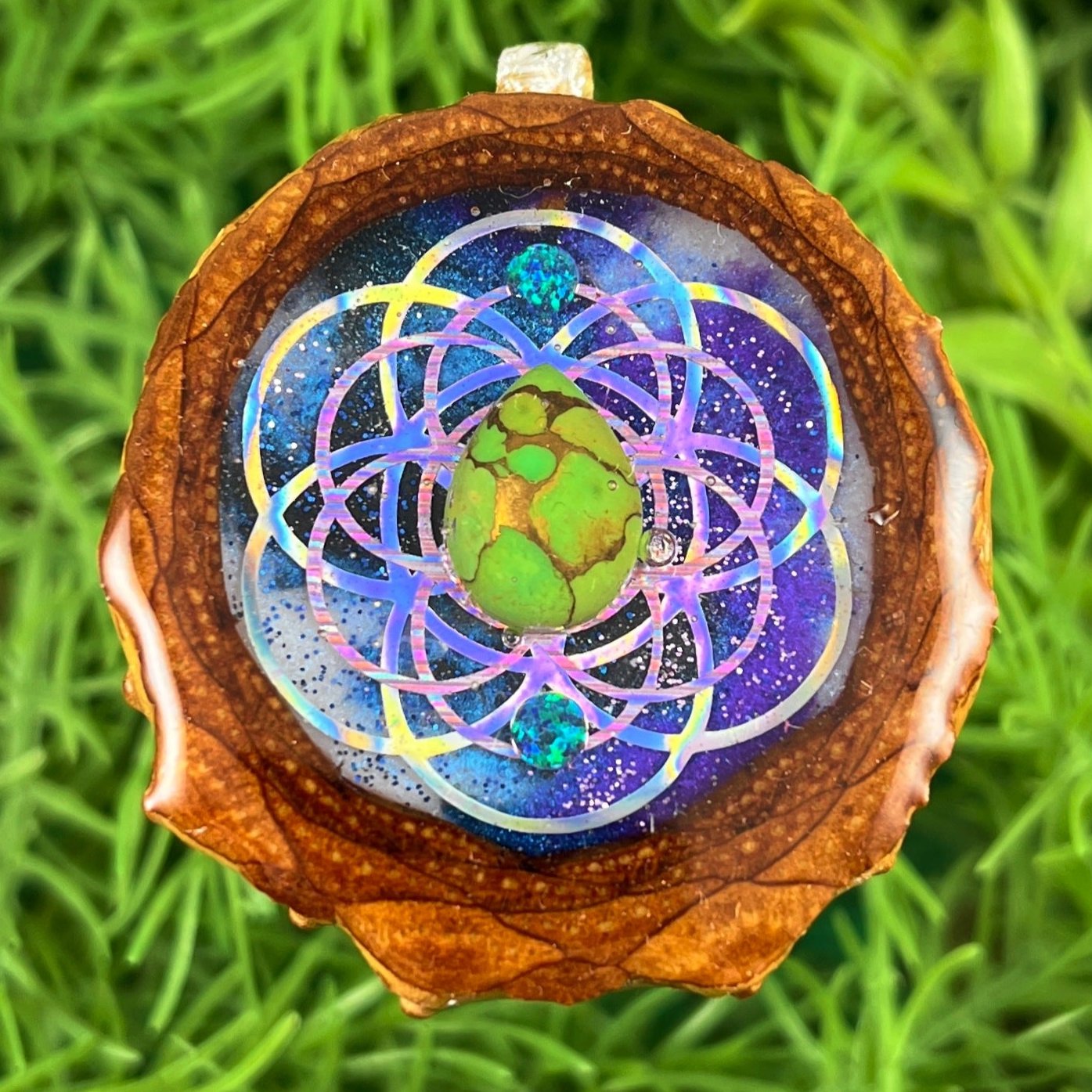 Supernova with Green Copper Turquoise and Opal with Seed of Life