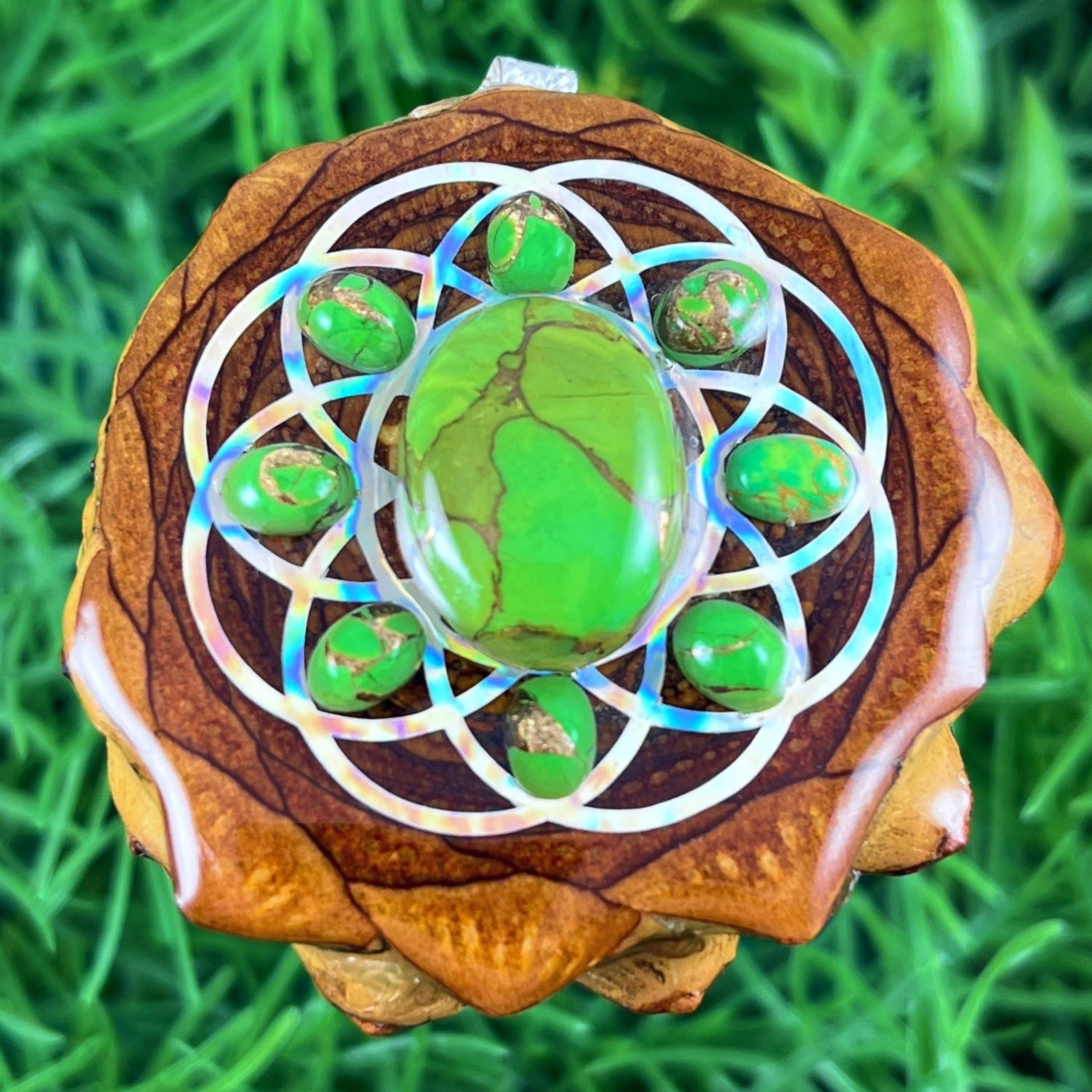 Green Copper Turquoise & Crushed Opal with Intricate Seed of Life