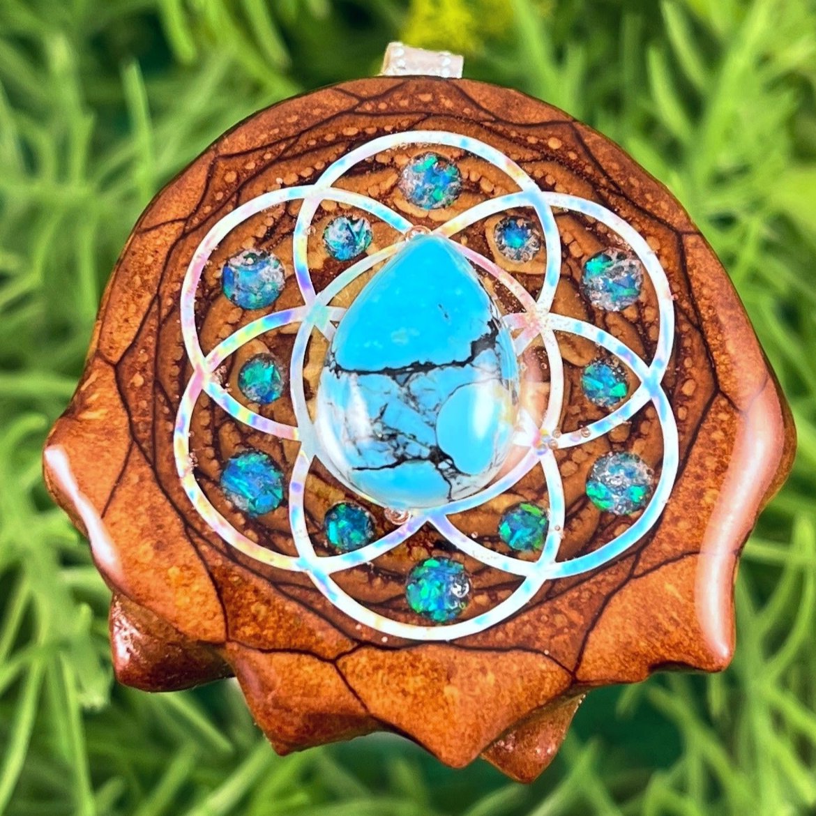 Blue Turquoise & Crushed Opal with Seed of Life