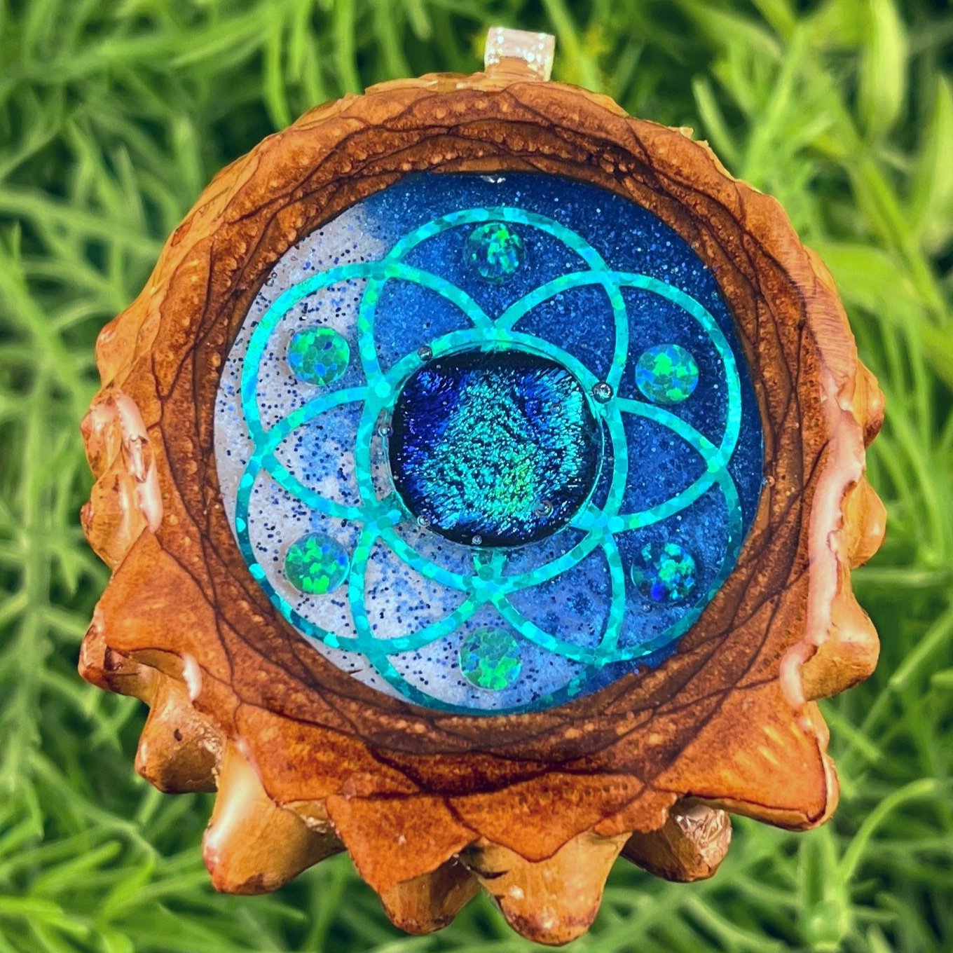 Galaxy with Dichroic Glass & Opal with Seed of Life