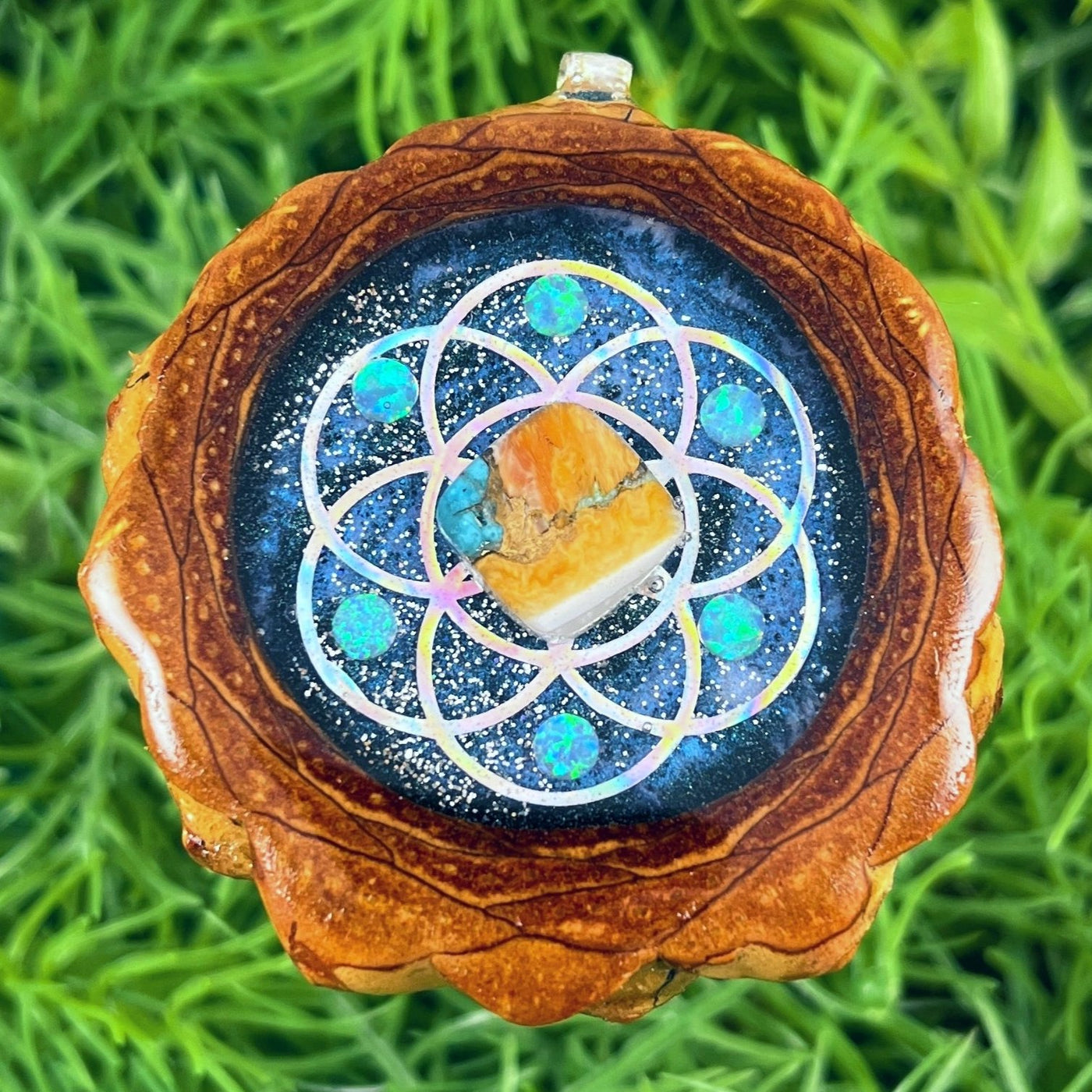 Galaxy with Spiny Oyster Turquoise & Opal with Seed of Life