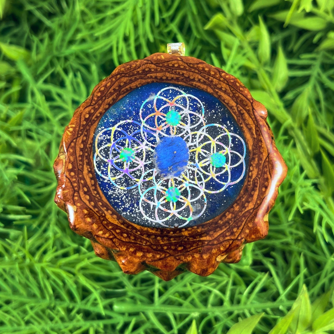Galaxy with Seed of Life and Labradorite with Opal