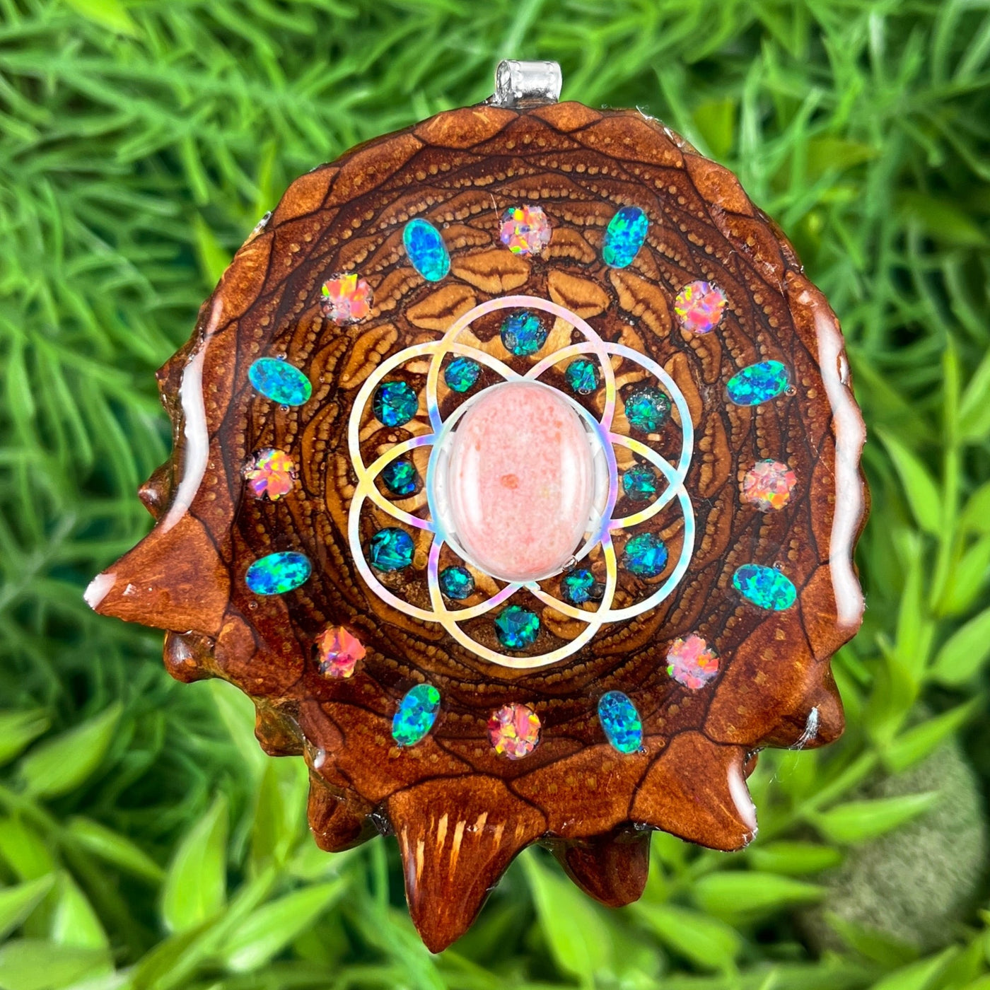 Pink Calcite & Crushed Opal with Opal & Seed of Life