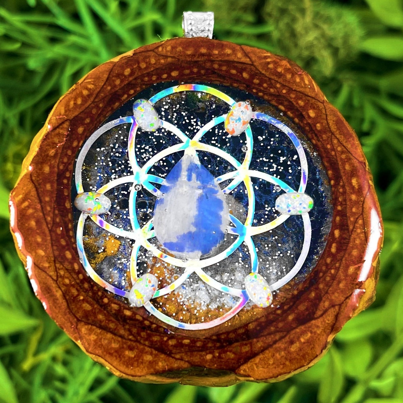 Galaxy with Moonstone & Opal with Seed of Life