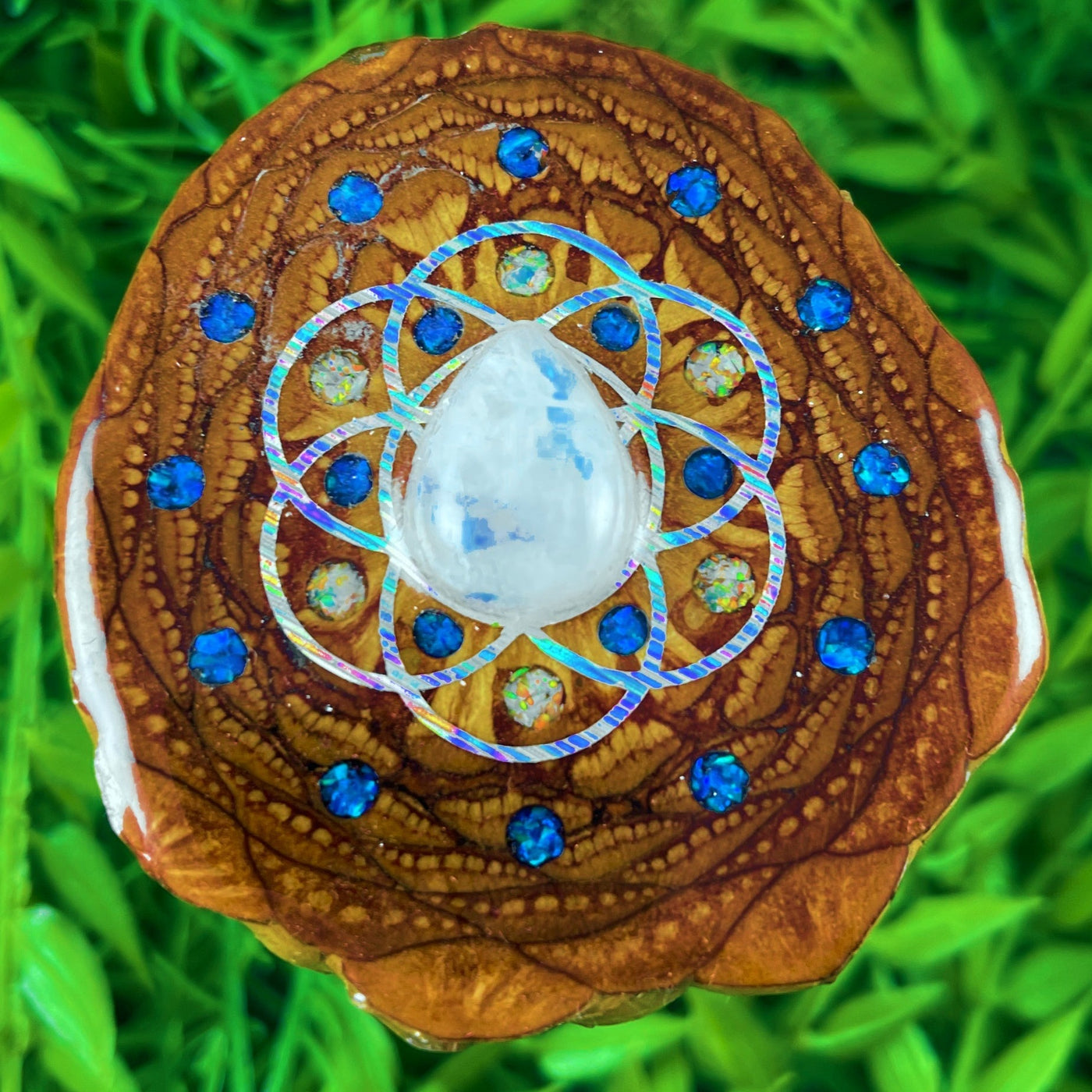 Moonstone and Opal & Crushed Opal with Seed of Life