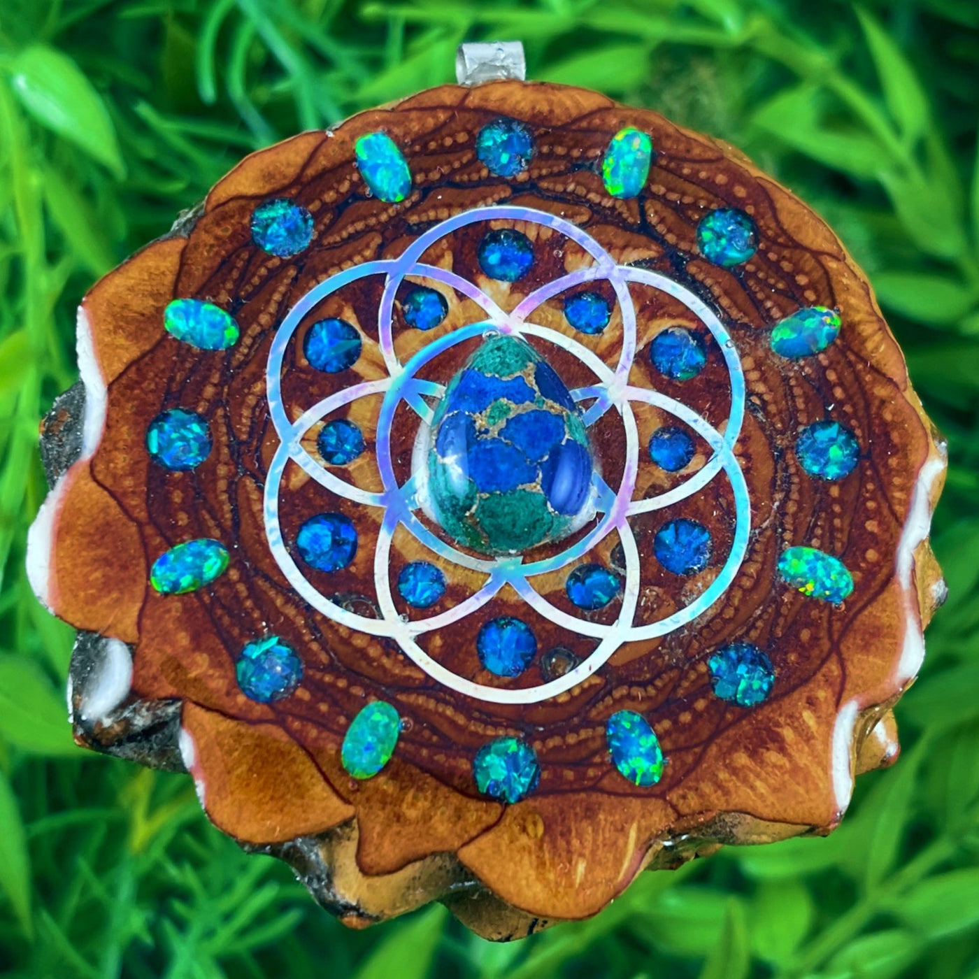 Malachite Azurite and Opal & Crushed Opal with Seed of Life