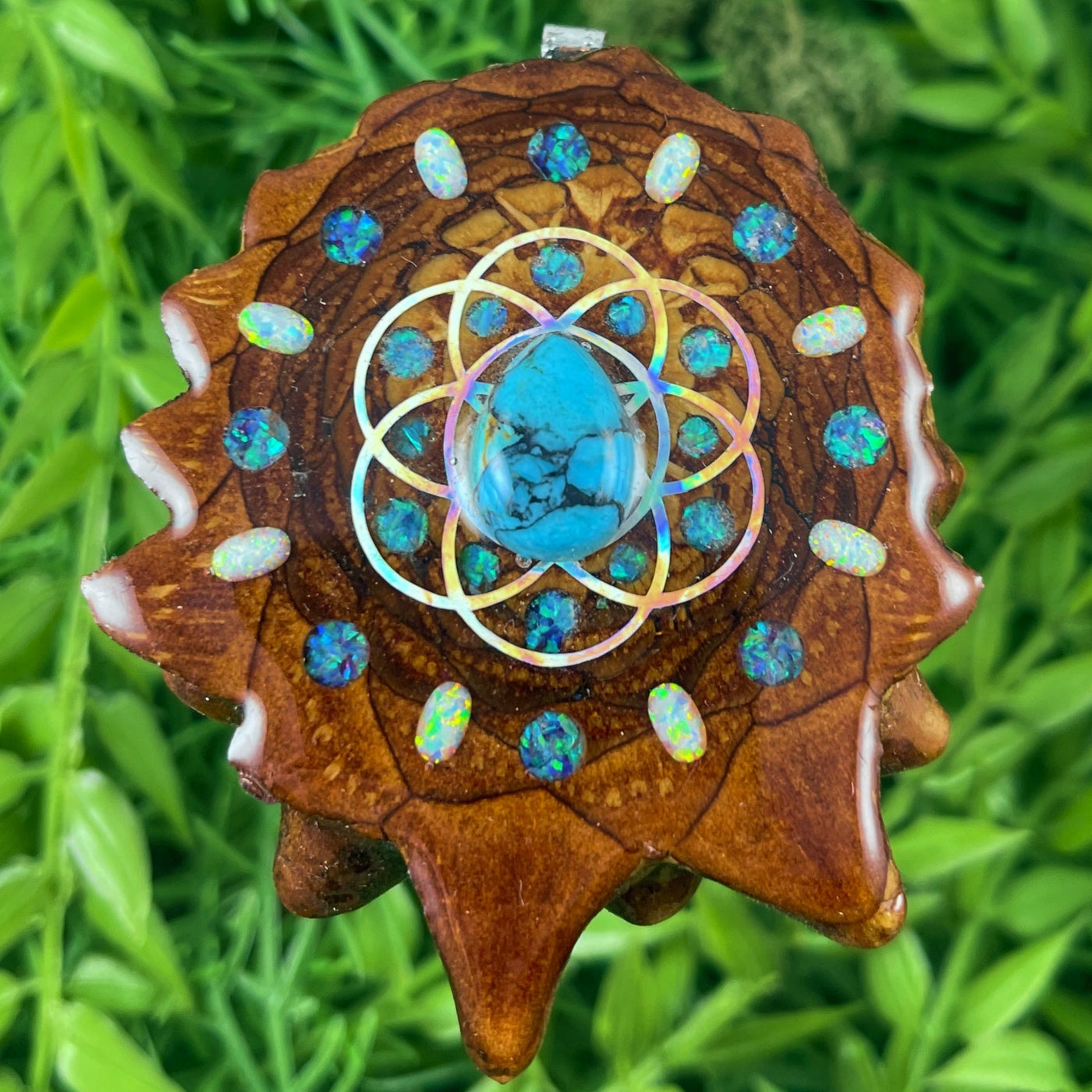 Blue Copper Turquoise & Crushed Opal with Opal & Seed of Life