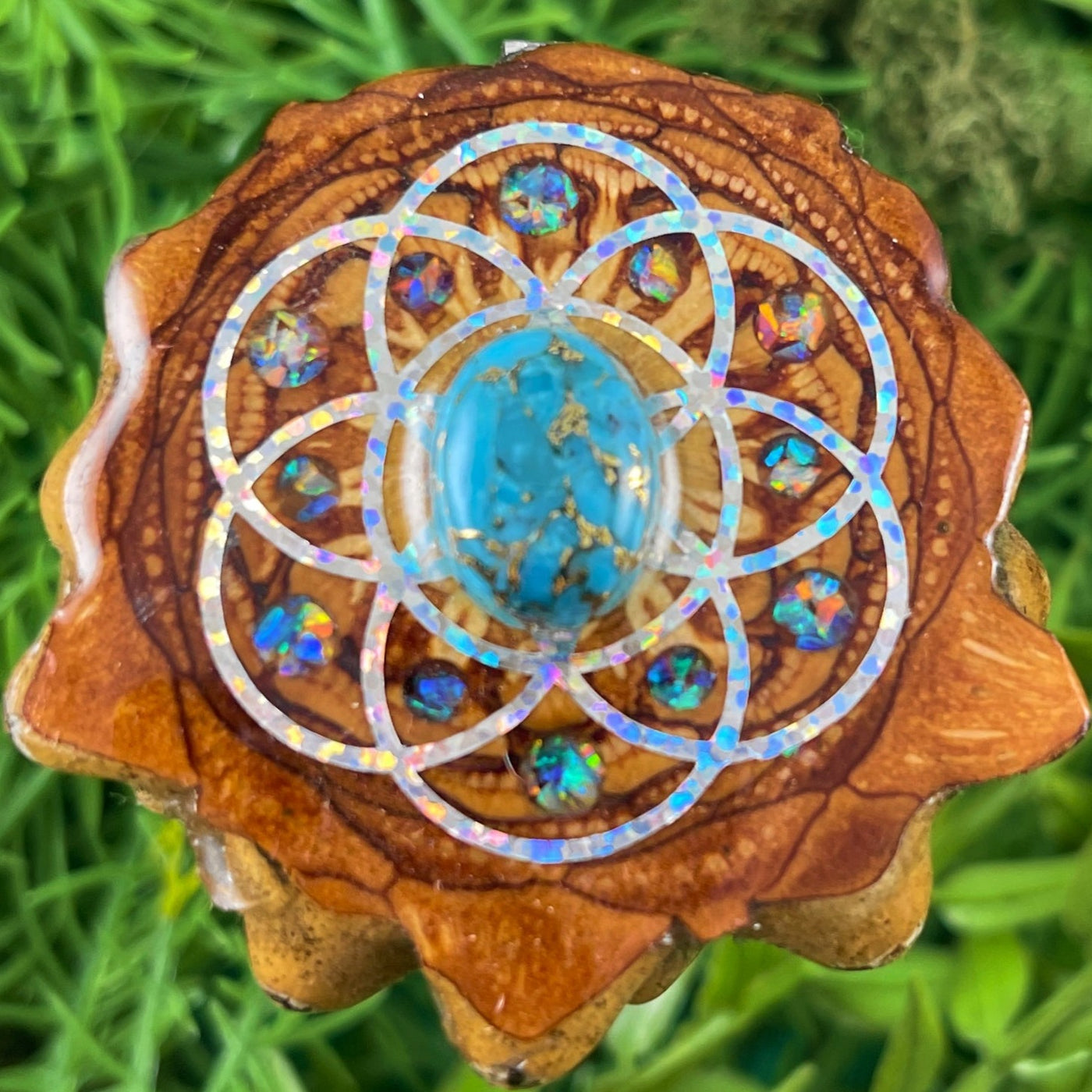 Blue Copper Turquoise & Crushed Opal with Seed of Life