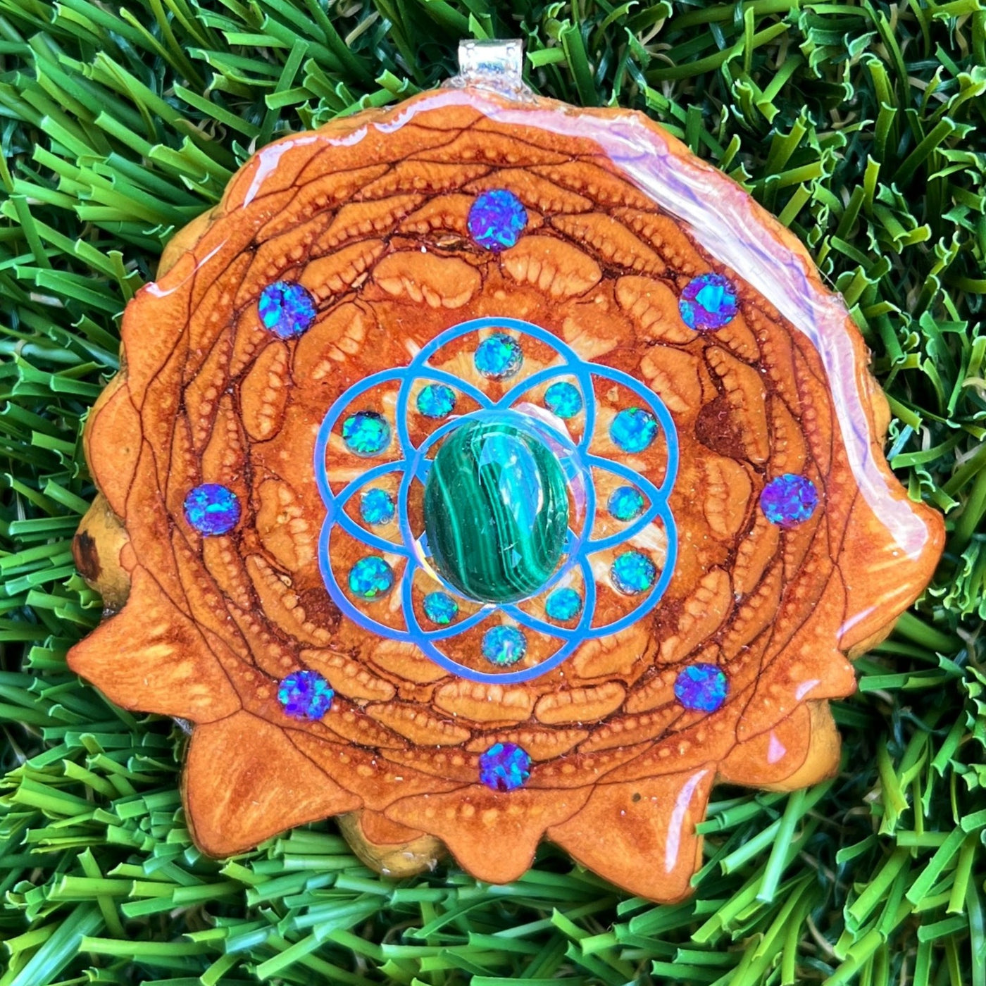 Malachite with Crushed Opal & Seed of Life