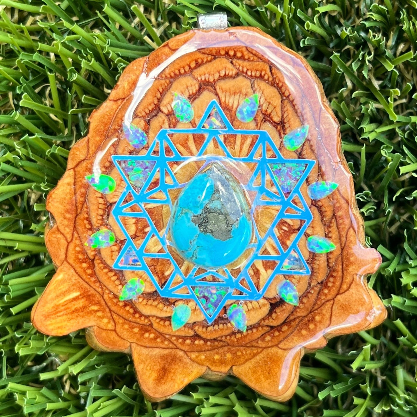 Blue Copper Turquoise with Opal & Crushed Opal with 64 Star Tetrahedron