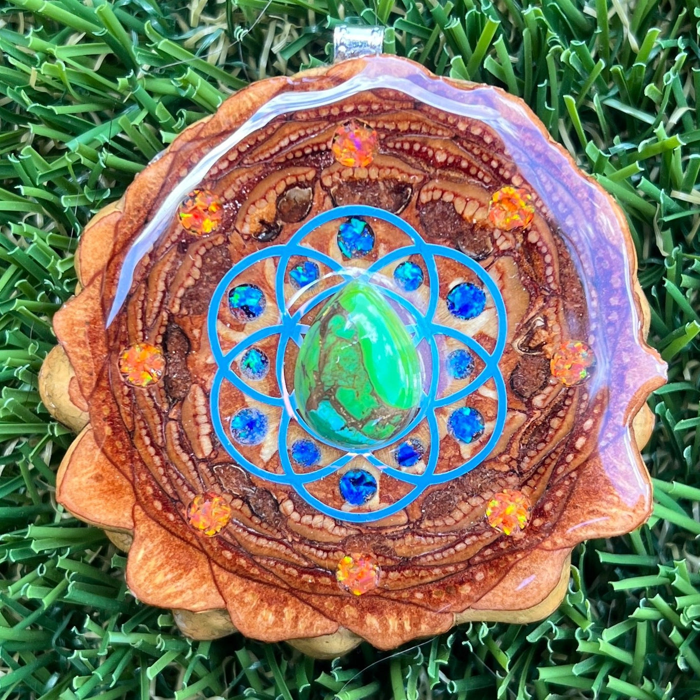 Green Copper Turquoise with Crushed Opal & Seed of Life