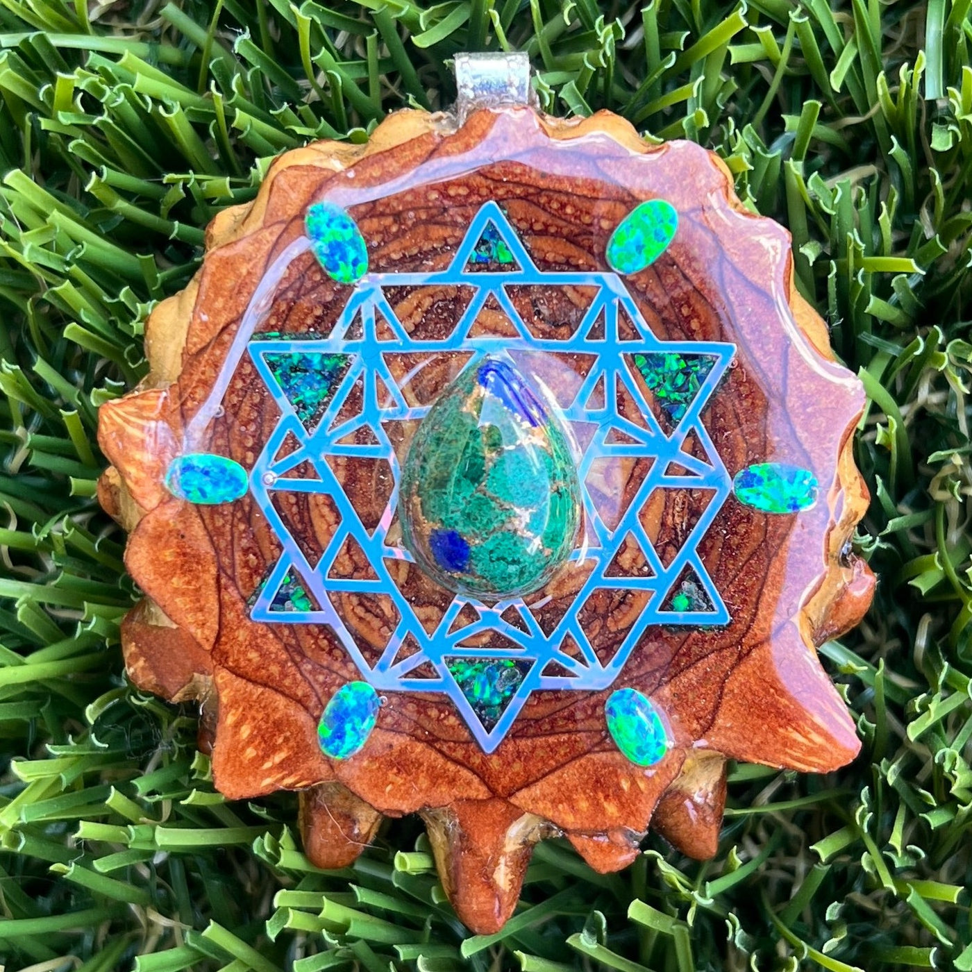 Malachite Azurite with Opal & Crushed Opal with 64 Star Tetrahedron