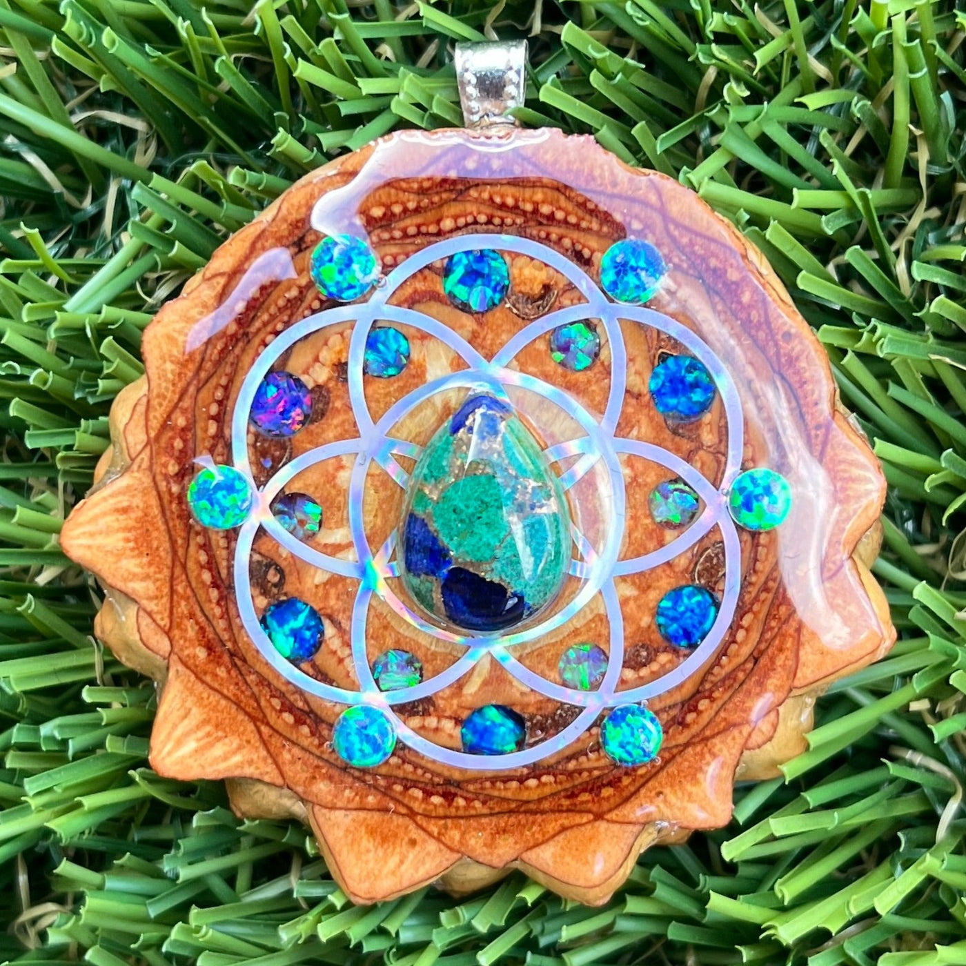 Malachite Azurite & Opal with Crushed Opal & Seed of Life