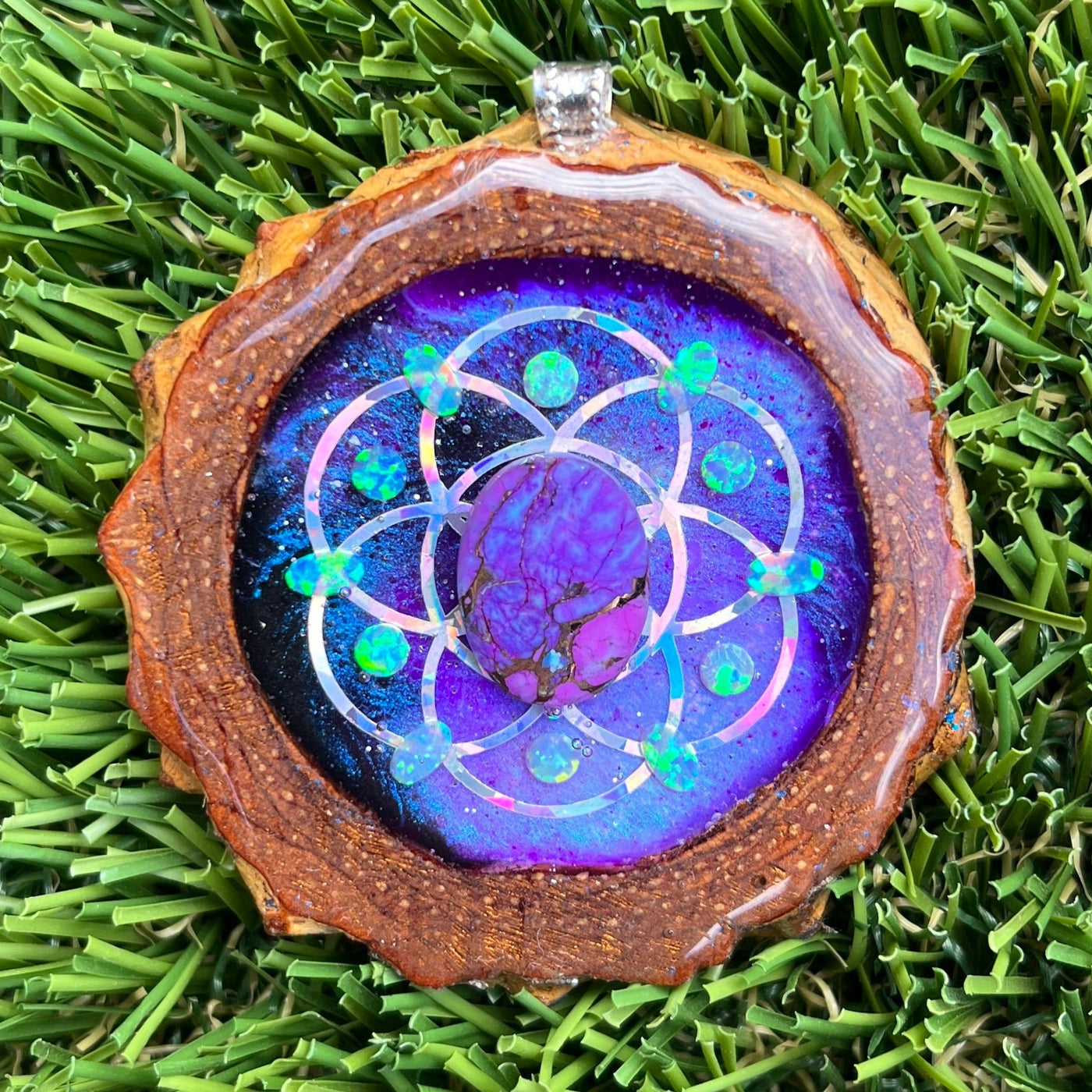 Galaxy with Purple Mohave Turquoise & Opal with Seed of Life