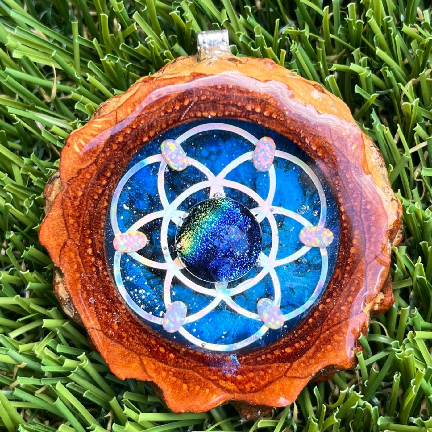 Galaxy with Dichroic Glass & Opal with Seed of Life