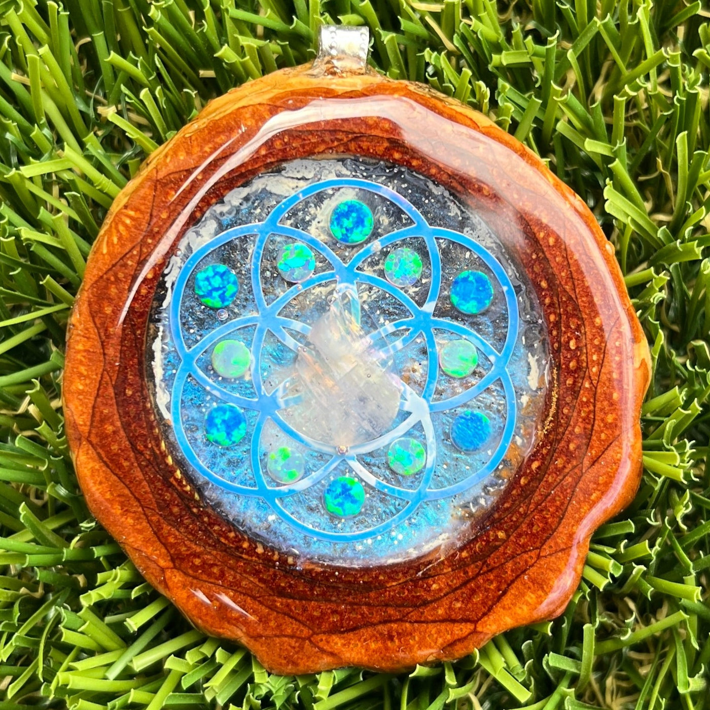 Galaxy with Moonstone & Opal with Seed of Life