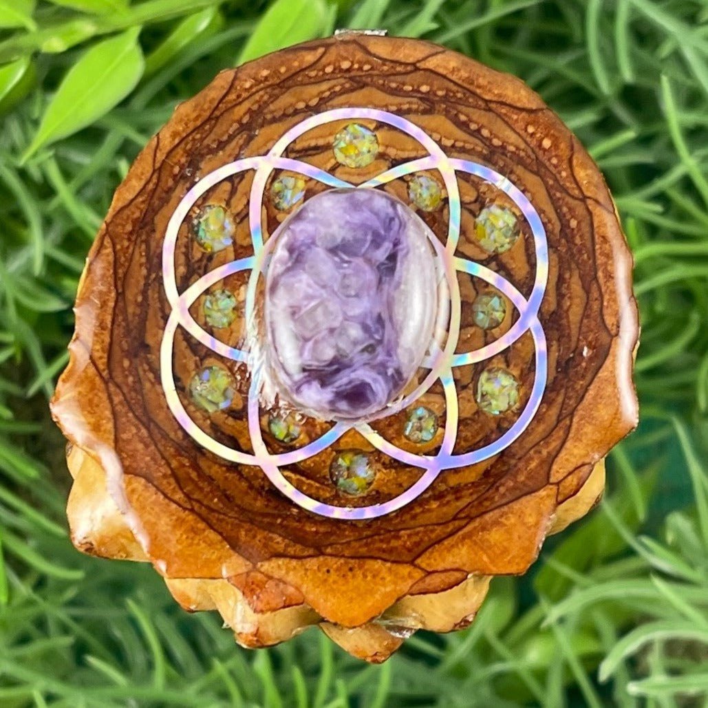 Charoite with Crushed Opal & Seed of Life - Aura Pinecones