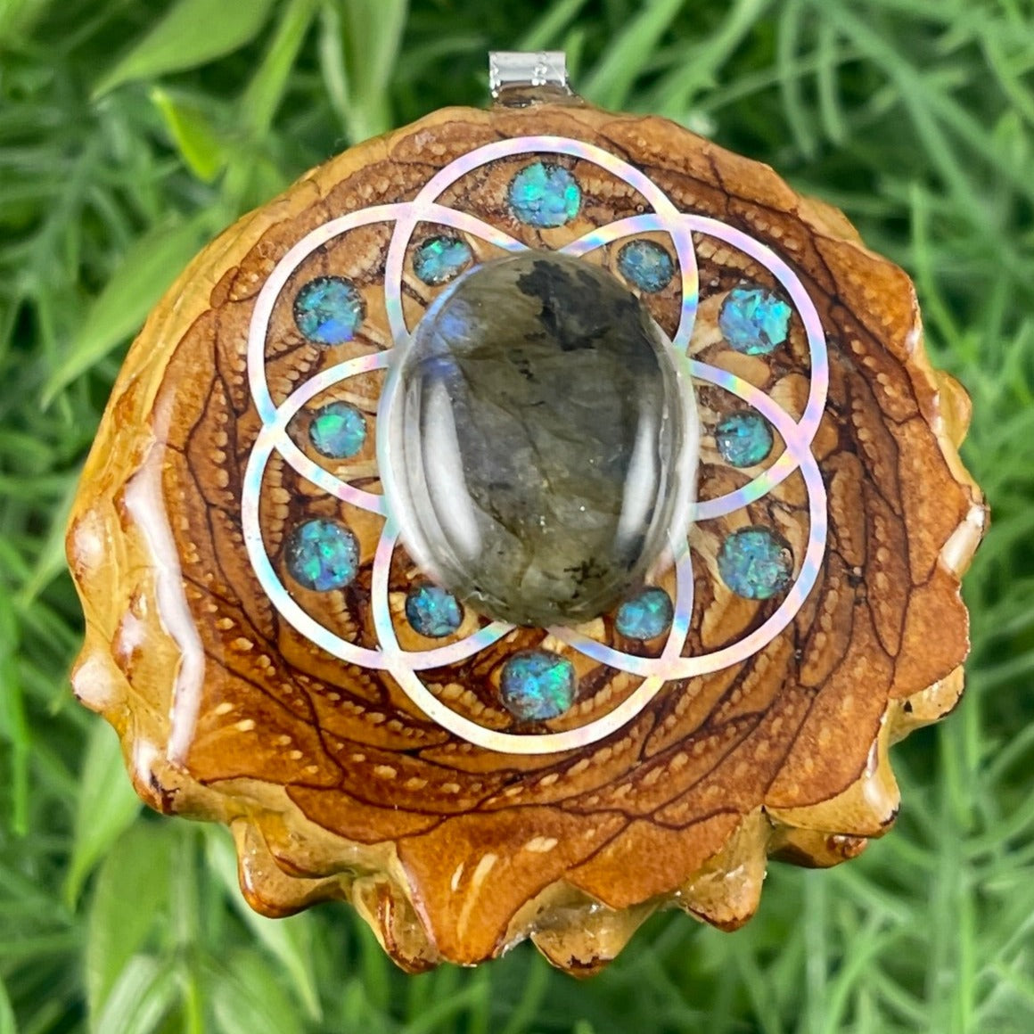 Labradorite with Crushed Opal & Seed of Life