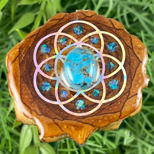 Blue Copper Turquoise with Crushed Opal & Seed of Life - Aura Pinecones