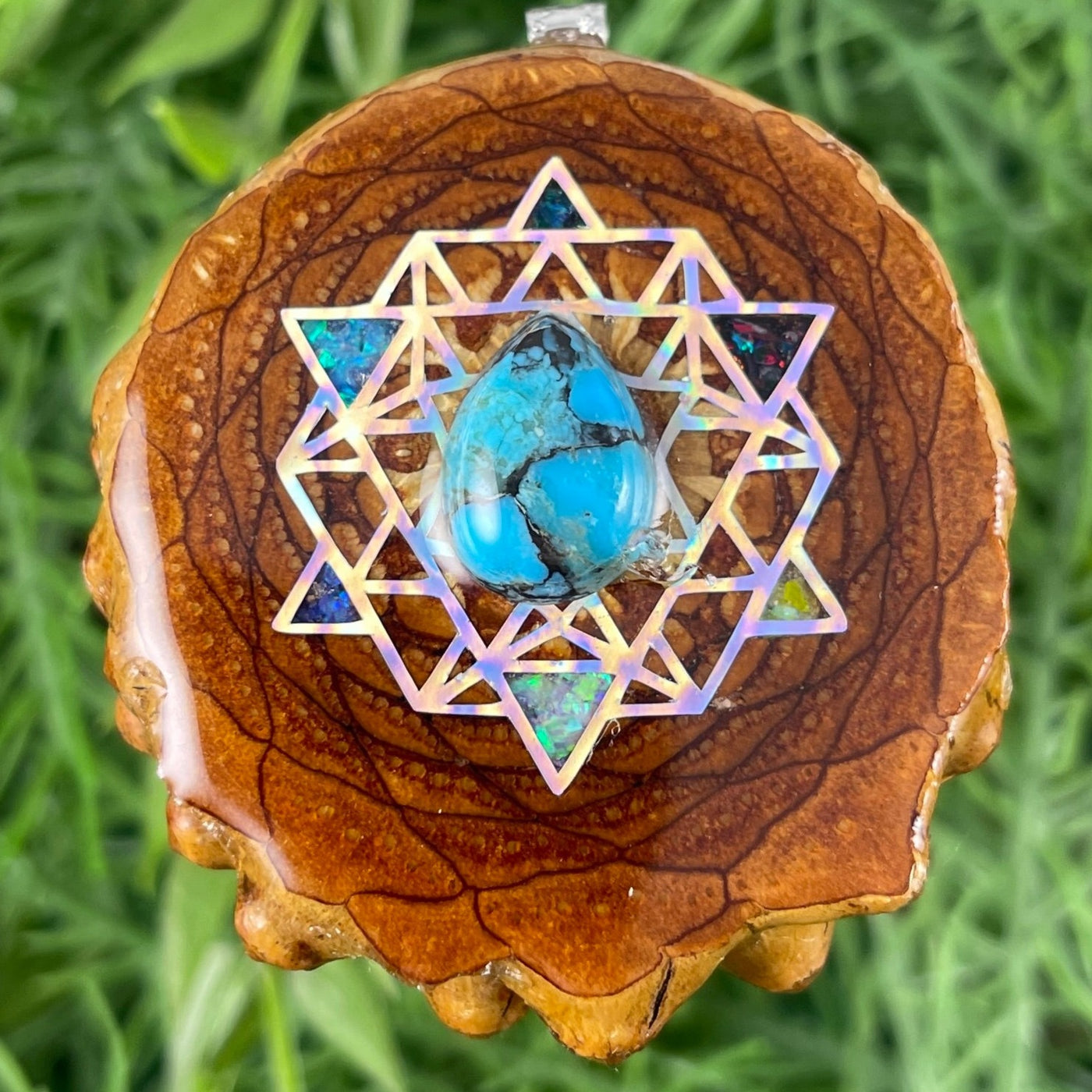 Blue Copper Turquoise with Crushed Opal & 64 Star Tetrahedron - Aura Pinecones