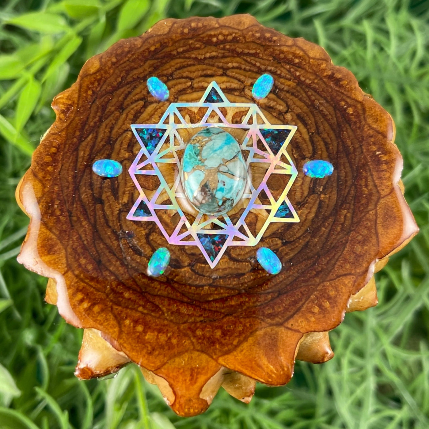 Blue Copper Turquoise with Crushed Opal & 64 Star Tetrahedron - Aura Pinecones