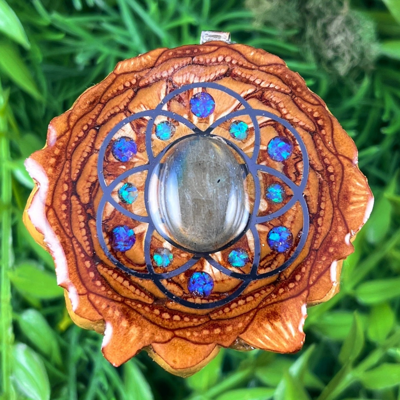 Labradorite with Crushed Opal and Seed of Life