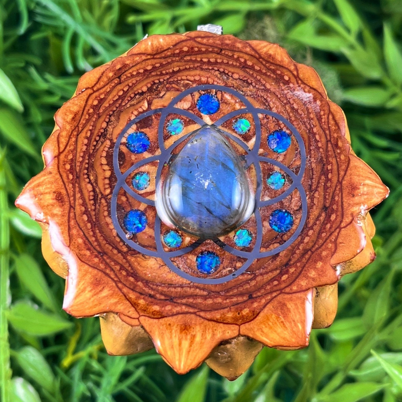 Labradorite & Crushed Opal with Seed of Life