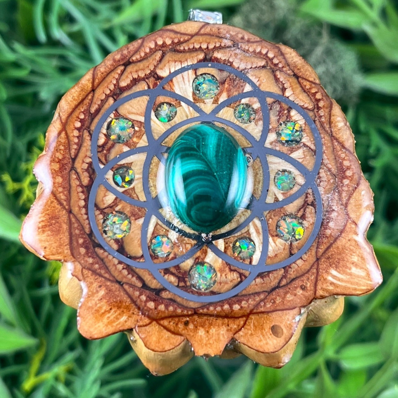 Malachite with Crushed Opal & Seed of Life