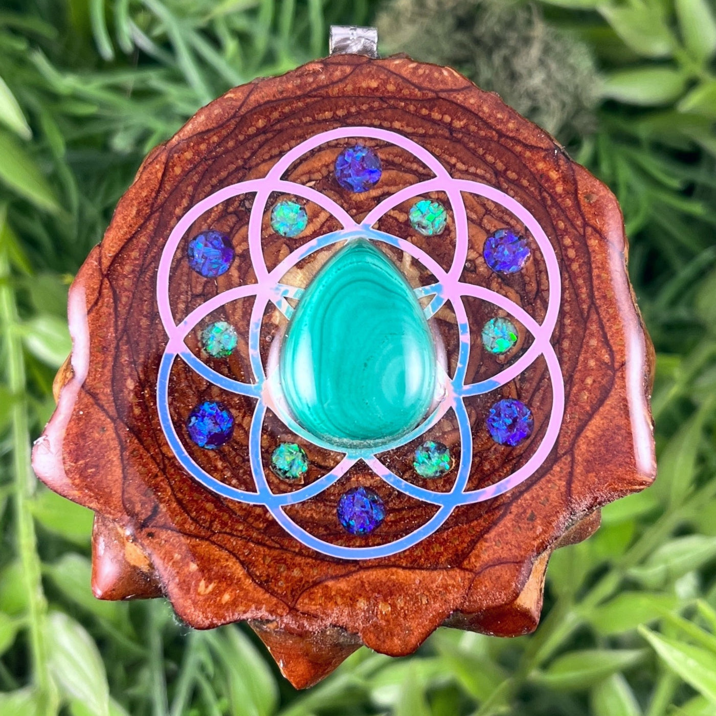 Malachite & Crushed Opal with Seed of Life