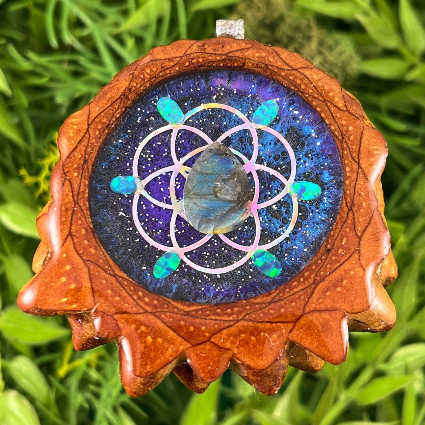 Galaxy with Labradorite and Opal with Seed of Life