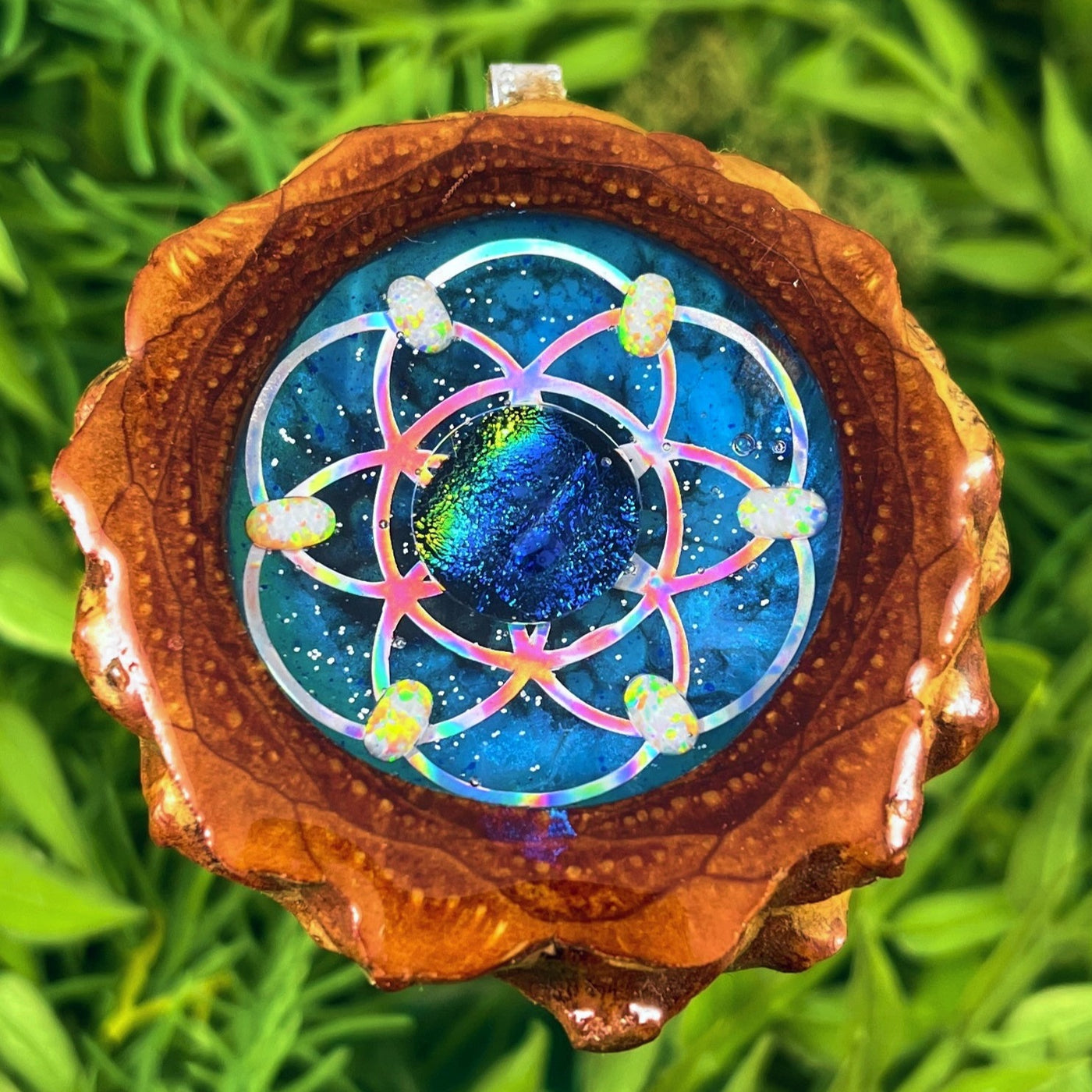 Galaxy with Dichroic Glass and Opal with Seed of Life