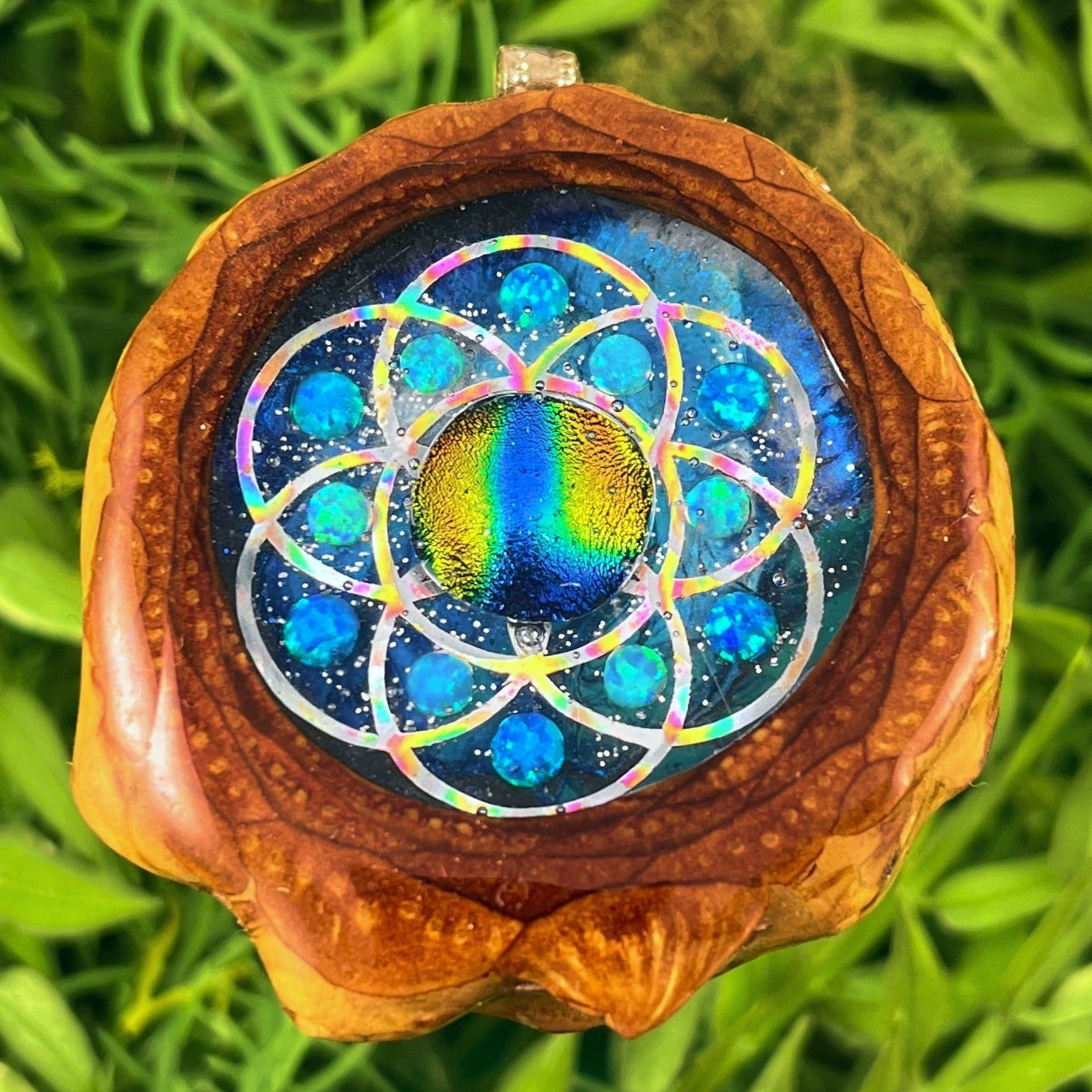 Galaxy with Dichroic Glass and Opal with Seed of Life